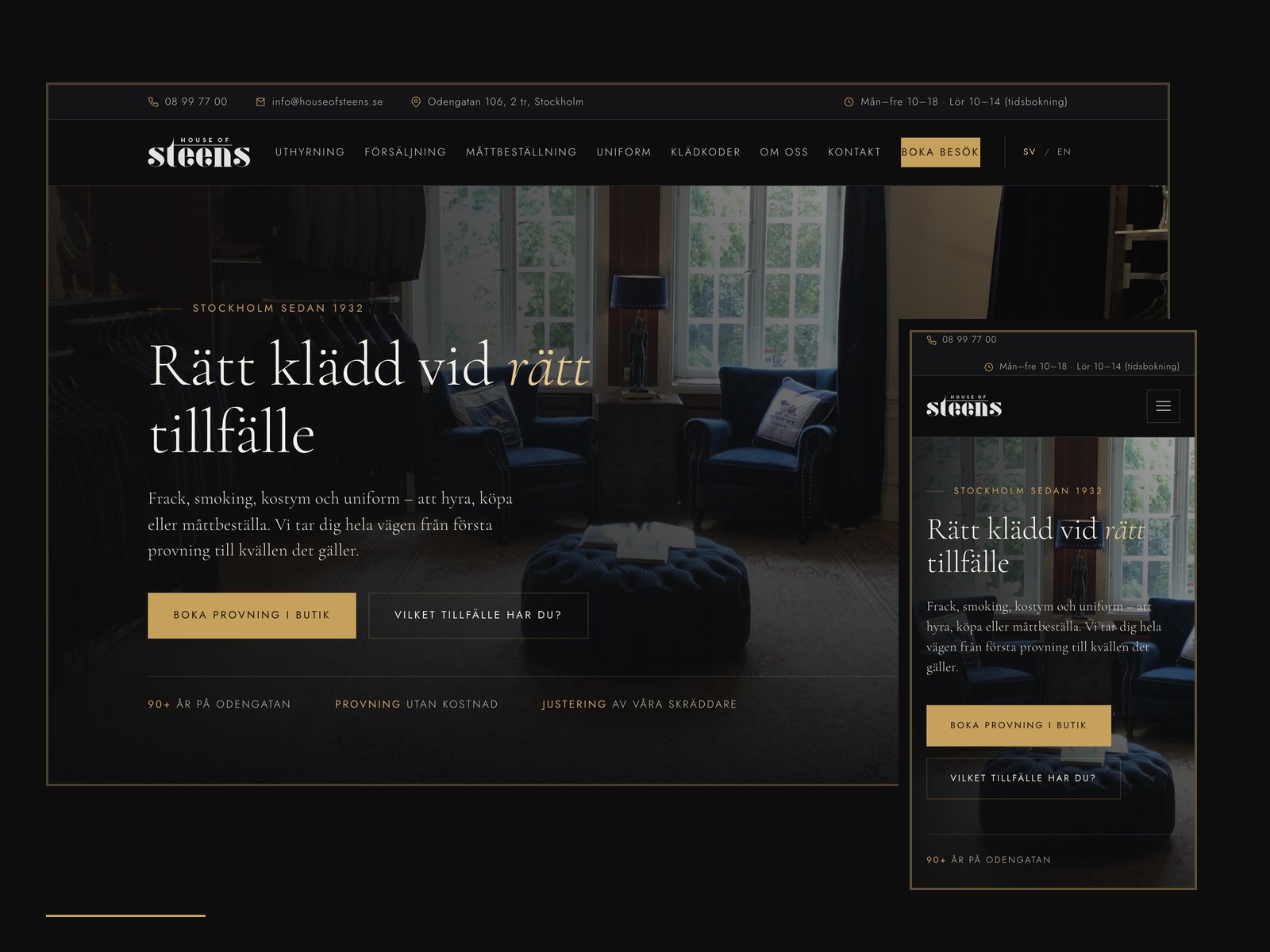 House of Steens webbplats visad på både datorskärm och mobiltelefon.