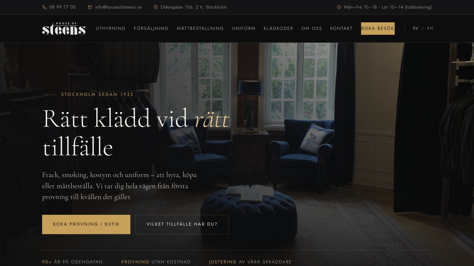 House of Steens startsida på en datorskärm, med meny, rubrik och bokningsknapp.