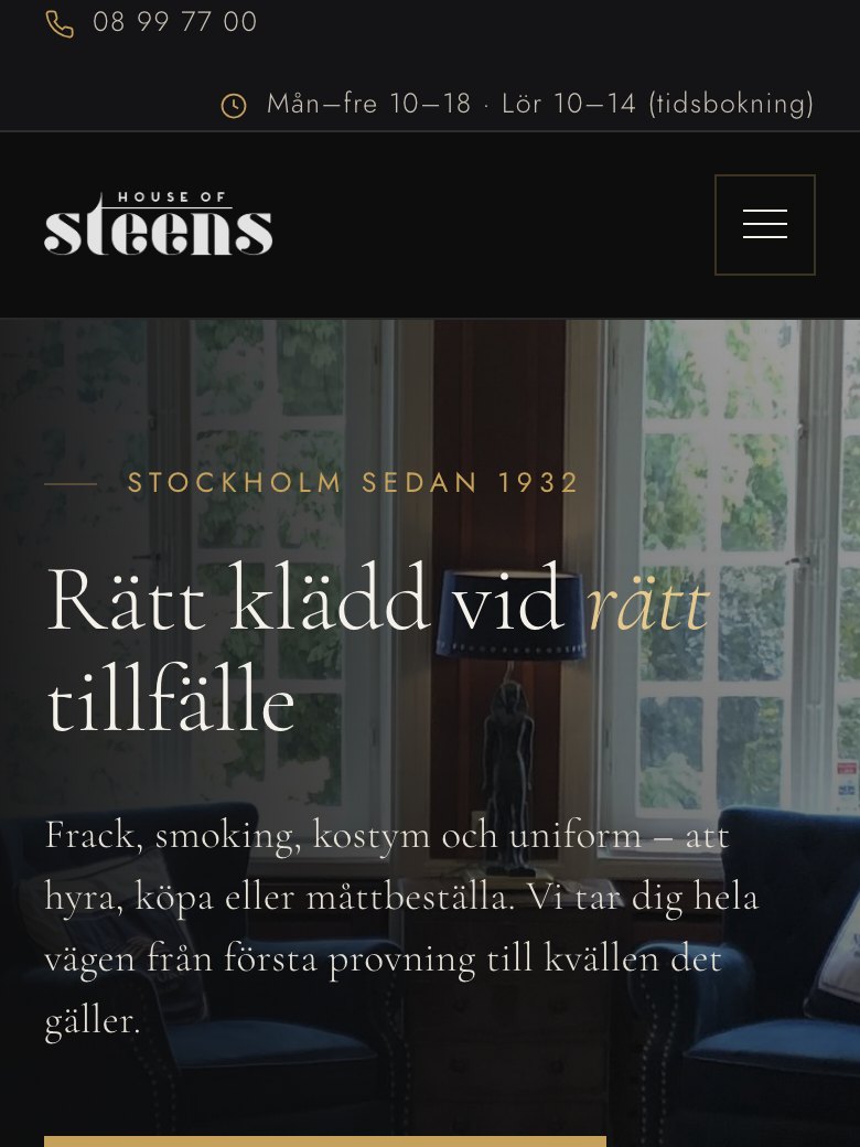 House of Steens webbplats i en mobiltelefon: rubrik, ingress och bokningsknapp ryms utan att något kapas.
